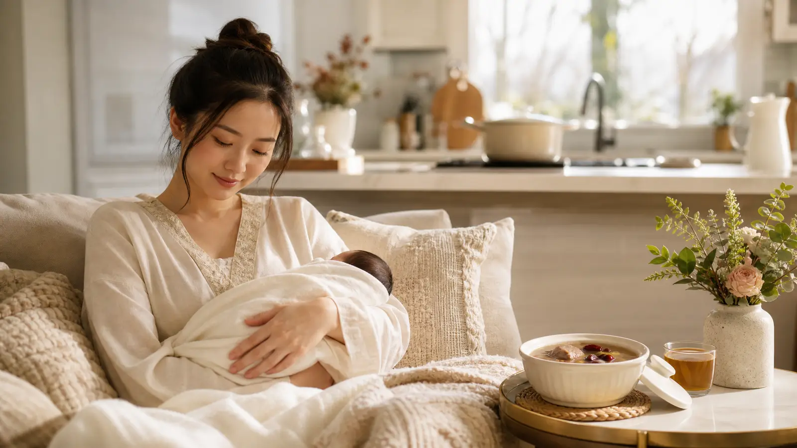 A new mother resting warmly in a bright Greater Vancouver home with a bowl of Cantonese confinement soup on the table beside her