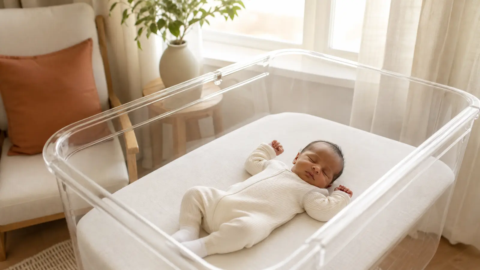 A newborn baby sleeping peacefully on its back in a clear, safe crib in a softly lit room