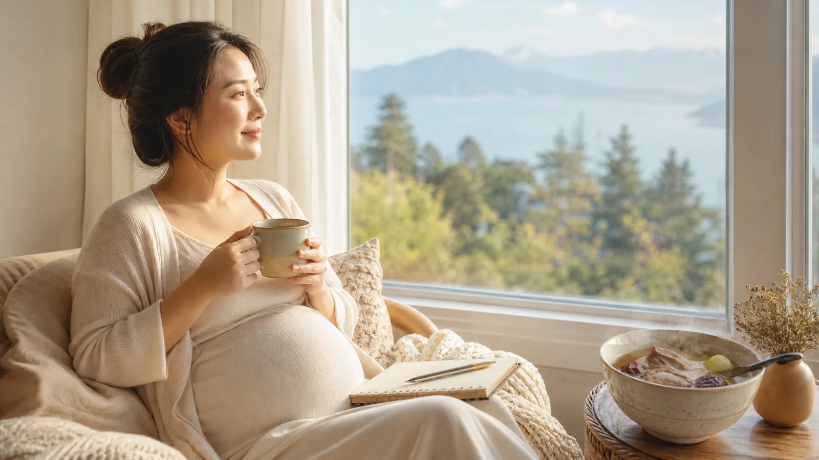 An open suitcase beside a Vancouver kitchen window — a thermos of warm soup, dried red dates and ginger, and a notebook of confinement plans on a soft ivory table